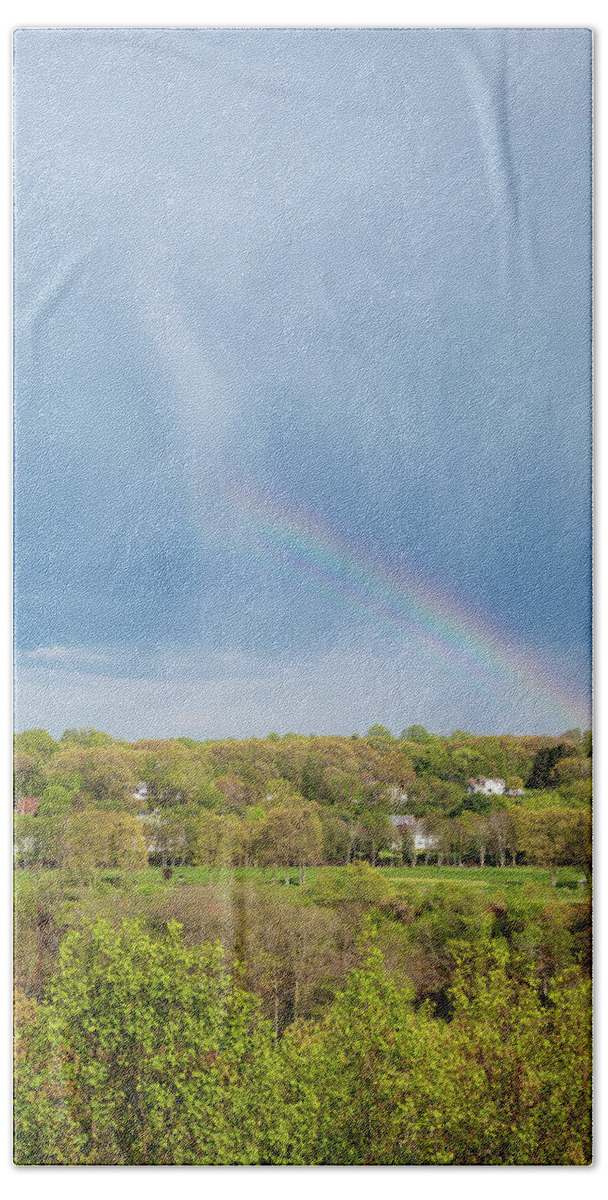 Rain Over Rainbow Beach Towel featuring the photograph As The Rain Falls, The Rainbow Appears by Karol Livote