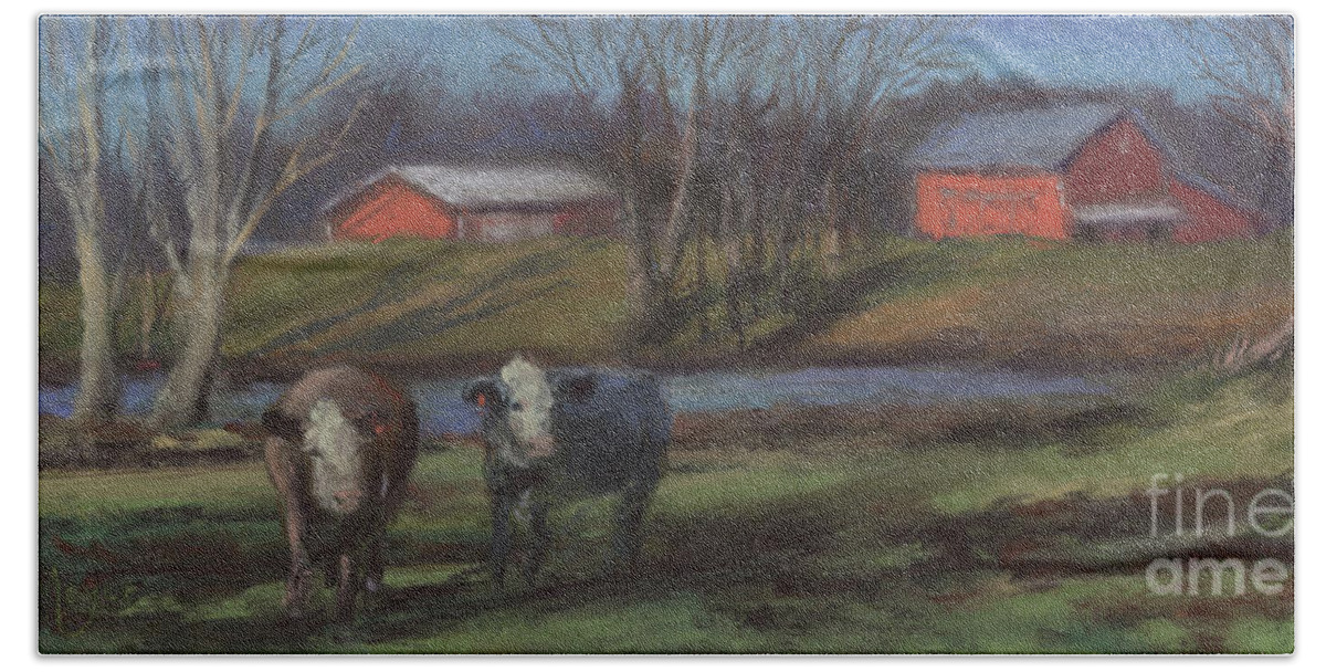 Rural Landscape Painting With Cows Beach Towel featuring the painting At Home in the Country by Terri Meyer