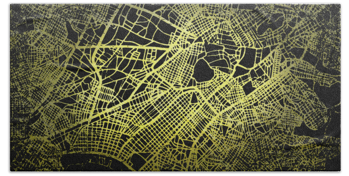 Map Beach Towel featuring the digital art Athens Map in Gold and Black by Sambel Pedes
