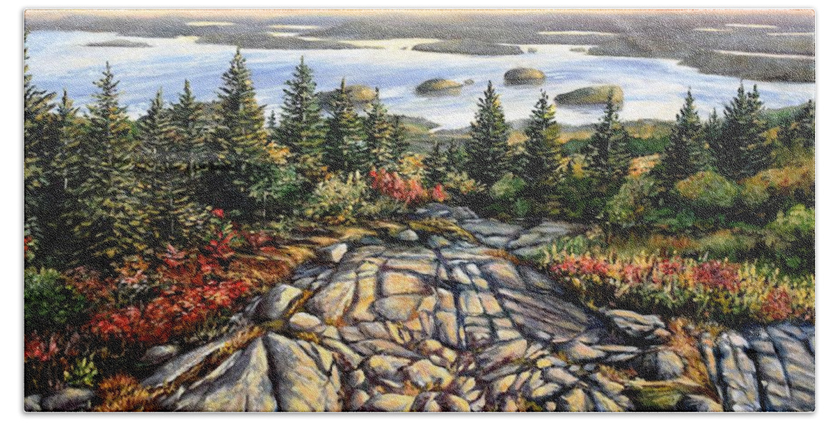 Cadillac Beach Towel featuring the painting Atop Cadillac Mountain by Eileen Patten Oliver