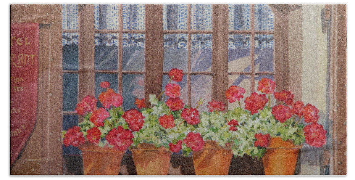 Watercolor Beach Sheet featuring the painting August at the Auberge by Mary Ellen Mueller Legault