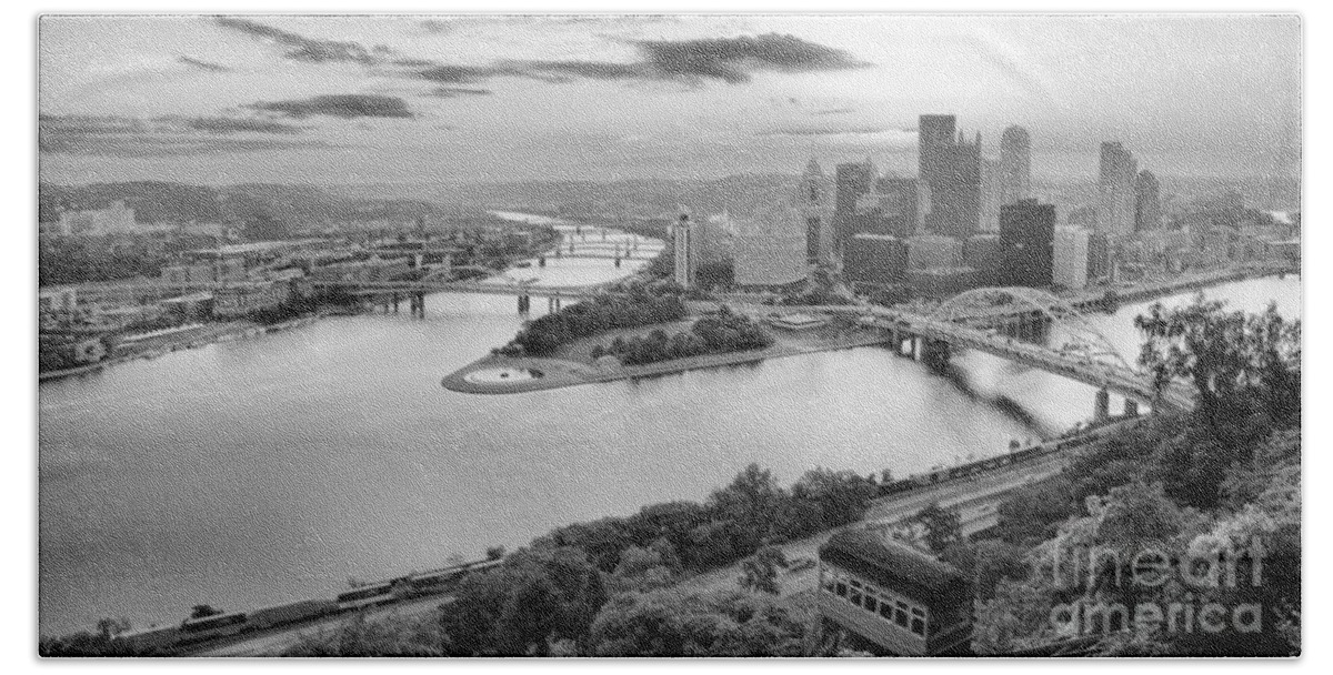 Pittsburgh Beach Towel featuring the photograph August Duquesne Incline Sunrise Panorama Black And White by Adam Jewell