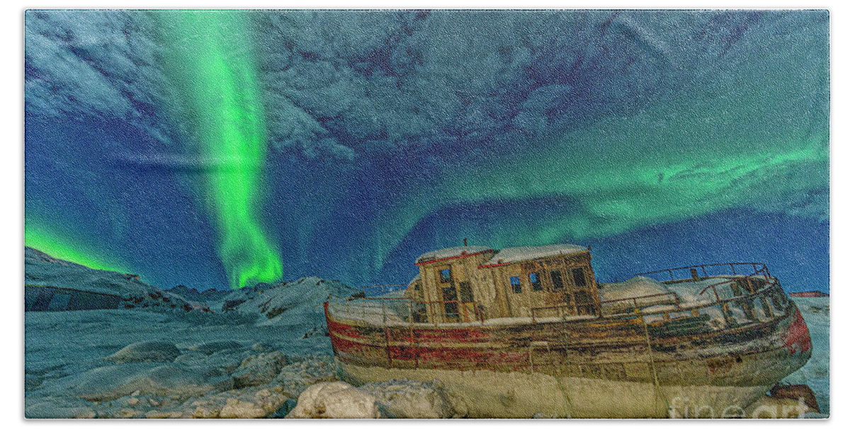 00648338 Beach Towel featuring the photograph Aurora Borealis and Boat by Shane P White