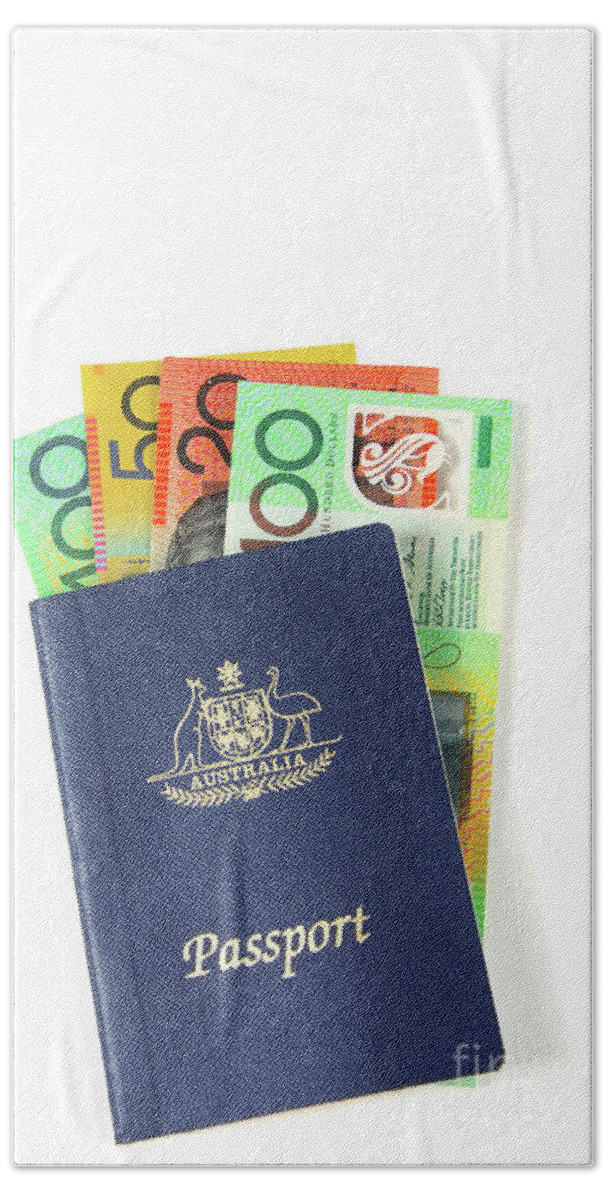 Money Beach Towel featuring the photograph Australian Money with passport by Milleflore Images