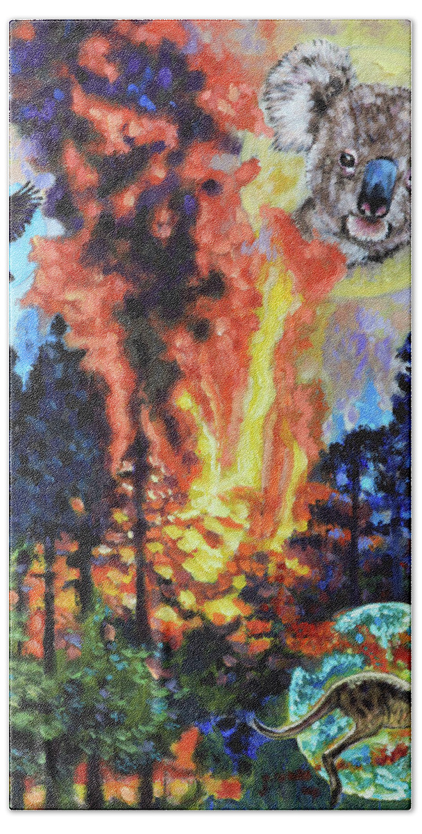 Fire Beach Towel featuring the painting Australia's on Fire by John Lautermilch