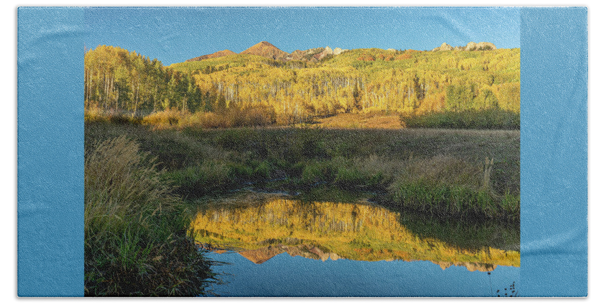 Fall Beach Towel featuring the photograph Autumn Aspen Reflection by Ron Long Ltd Photography