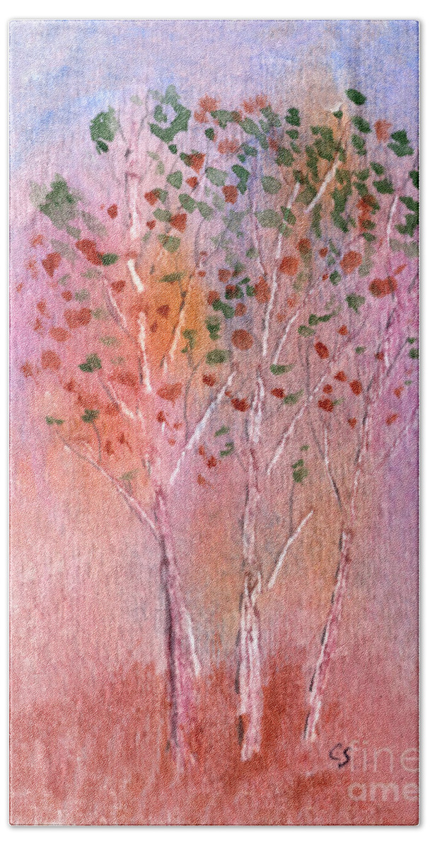 Aspens Beach Towel featuring the painting Autumn Aspens Watercolor by Conni Schaftenaar