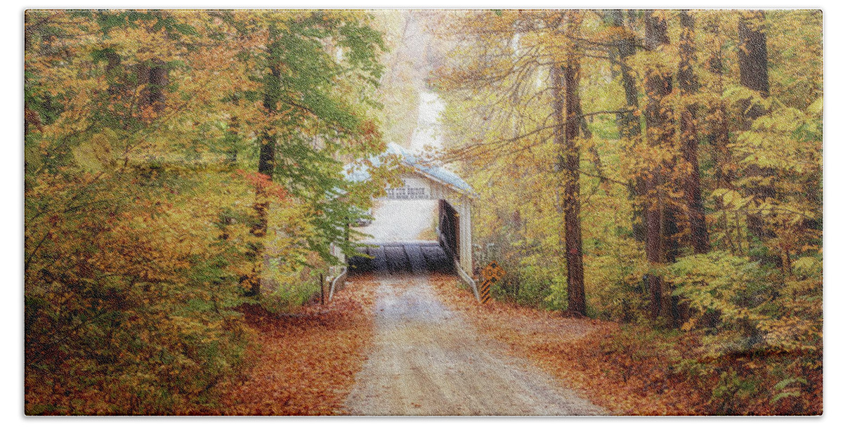 Parke County Beach Towel featuring the photograph Autumn at Zacke Cox Covered Bridge by Susan Rissi Tregoning