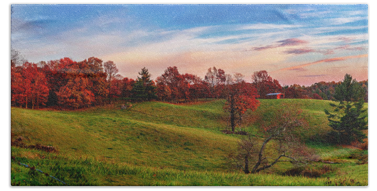 Fall Beach Towel featuring the photograph Autumn Red Trees and Red Barn Panorama by Dan Carmichael