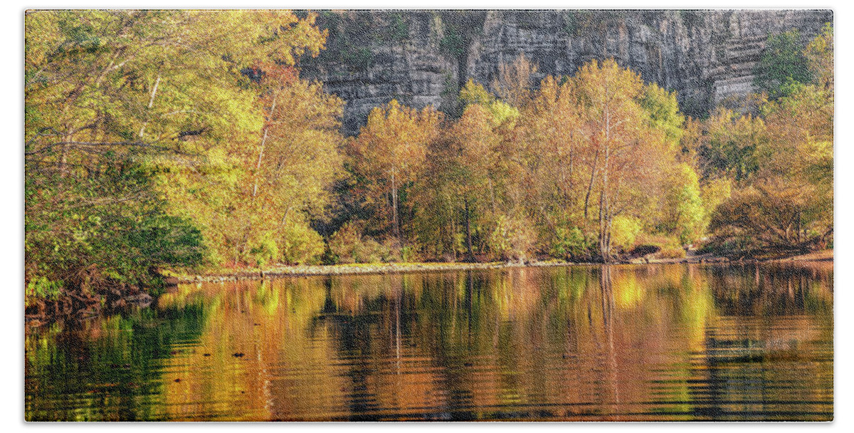 Autumn Landscape Beach Towel featuring the photograph Autumn Reflections Along The Buffalo National River and Roark Bluff by Gregory Ballos