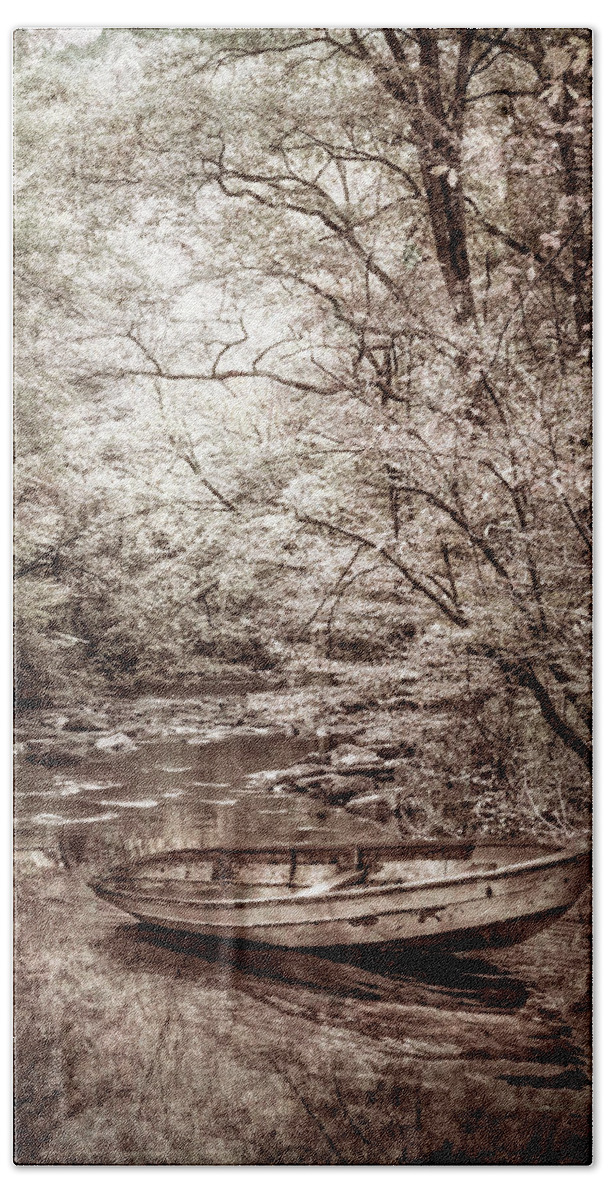 Boats Beach Towel featuring the photograph Autumn River in Vintage Sepia by Debra and Dave Vanderlaan