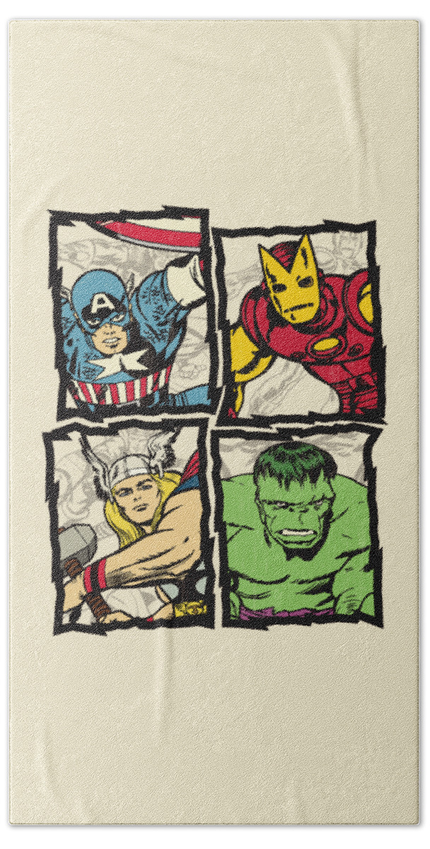 Avengers Beach Towel featuring the digital art Avengers Silver Age Quad - Distressed by Edward Draganski