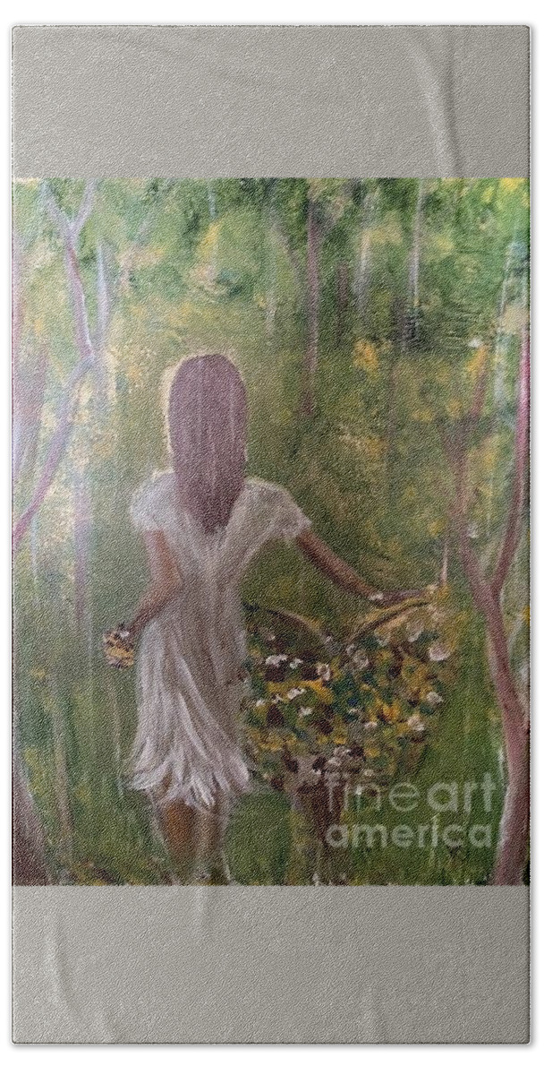 Bike Flowers Walk Woods Woman Dress Soul Journey Beach Towel featuring the painting Awakening Of The Soul by Kathy Bee