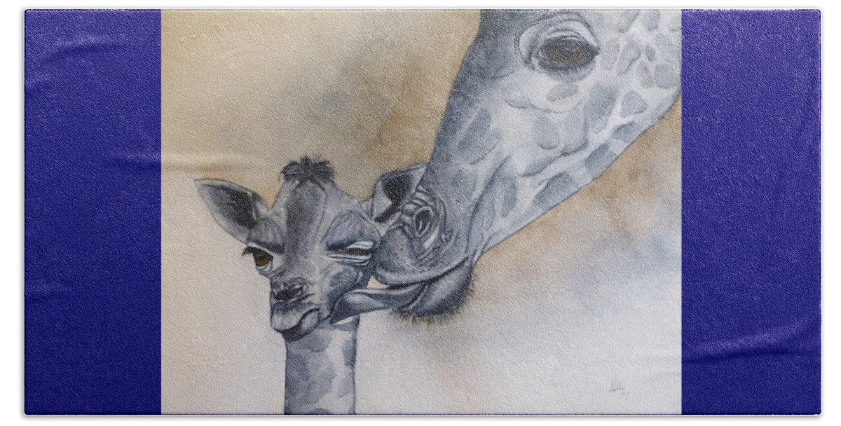 Giraffes Beach Towel featuring the painting Baby Giraffe and Mama by Kelly Mills