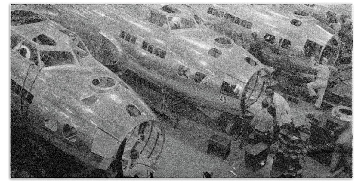 B 17 Bomber Beach Towel featuring the photograph B-17 Production Line In Factory - WW2 - Circa 1943 by War Is Hell Store