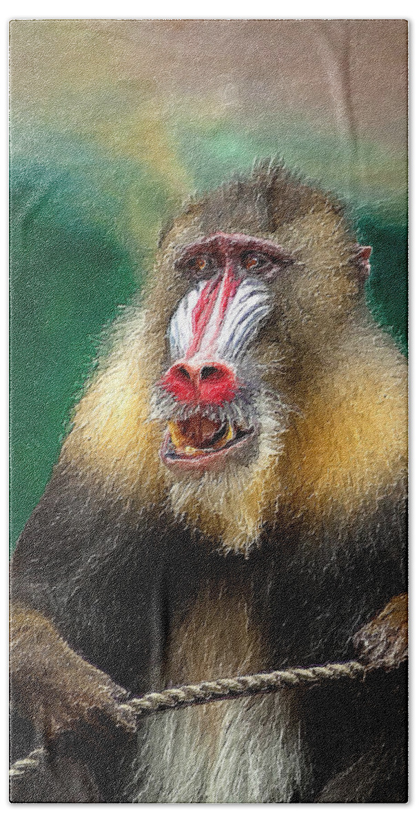 African Animal Beach Towel featuring the painting Baboon Portrait by Tony Rubino