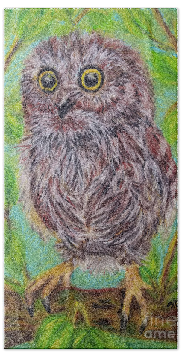 Owl Painting Beach Towel featuring the pastel Baby Owl by Olga Hamilton