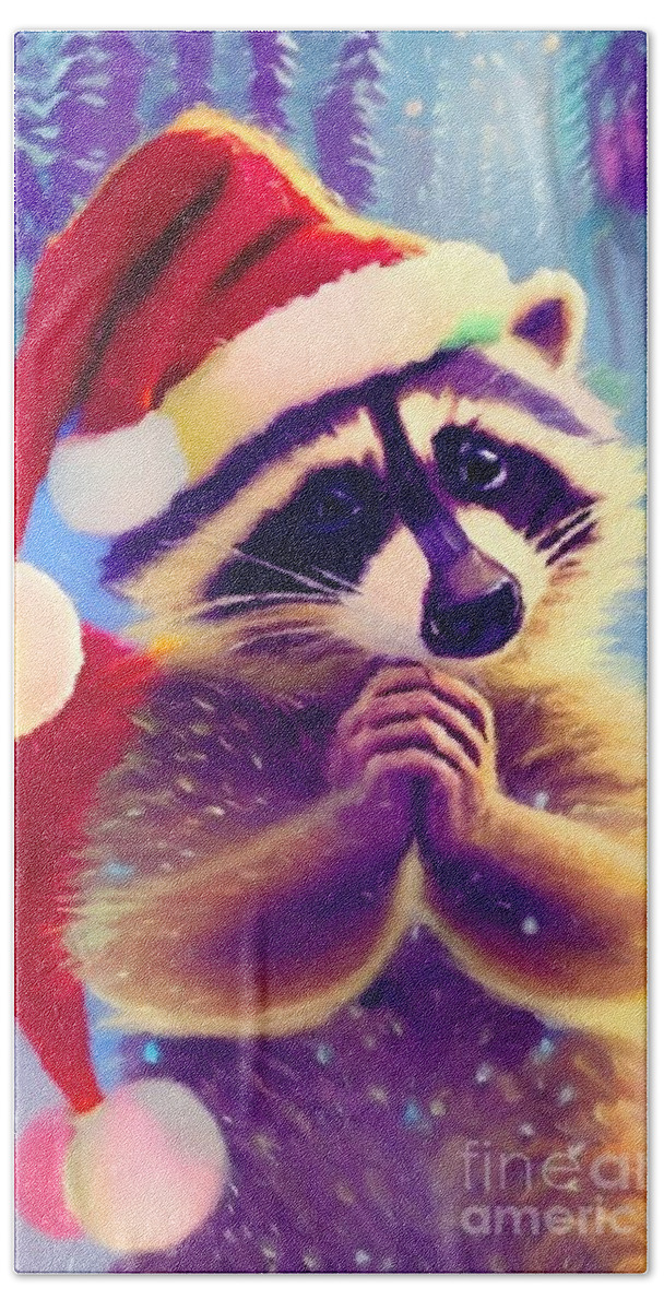 Baby Beach Towel featuring the digital art Baby Raccoon Christmas by Laurie's Intuitive