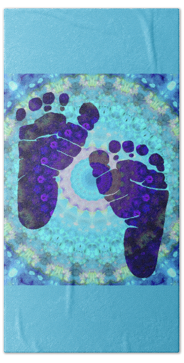 Blue Beach Towel featuring the painting Baby Steps 1 - Blue Feet Art - Sharon Cummings by Sharon Cummings