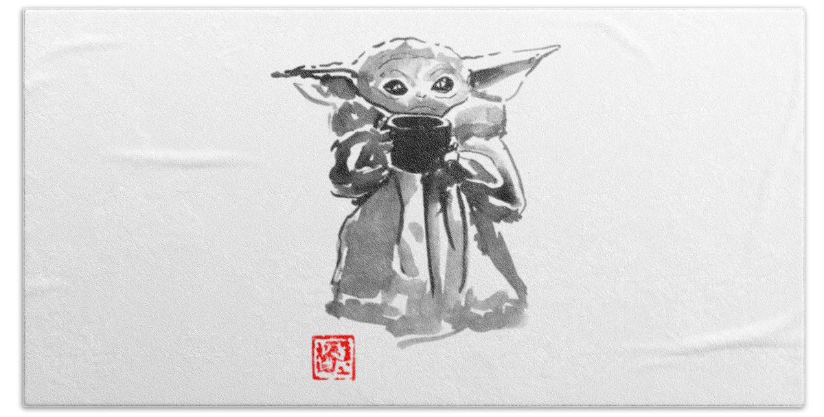 Baby Yoda Beach Towel featuring the drawing Baby Yoda Face by Pechane Sumie