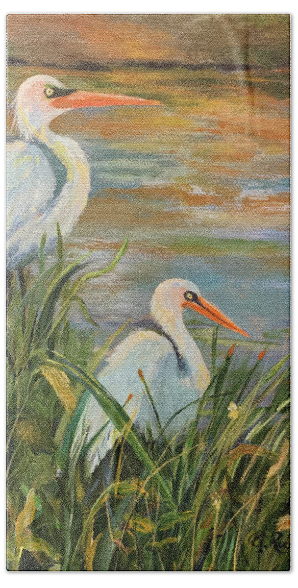 Egret Beach Towel featuring the painting Back Bay Egrets by Jane Ricker