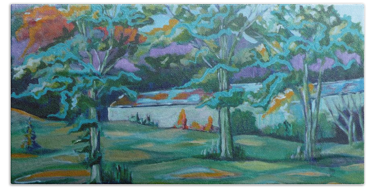Landscape Beach Sheet featuring the painting Back of Barn by Saga Sabin