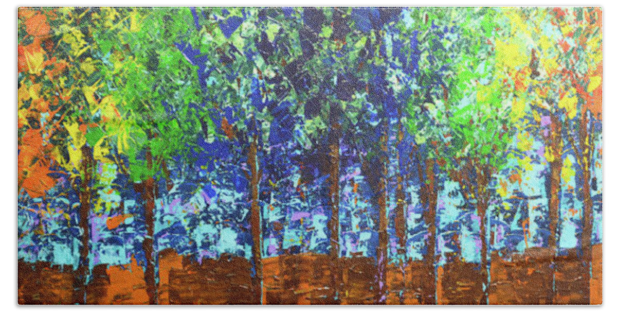  Beach Towel featuring the painting Backyard Trees by Linda Bailey