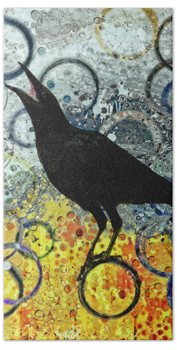 Raven Beach Towel featuring the mixed media Balancing Act by Sandra Selle Rodriguez