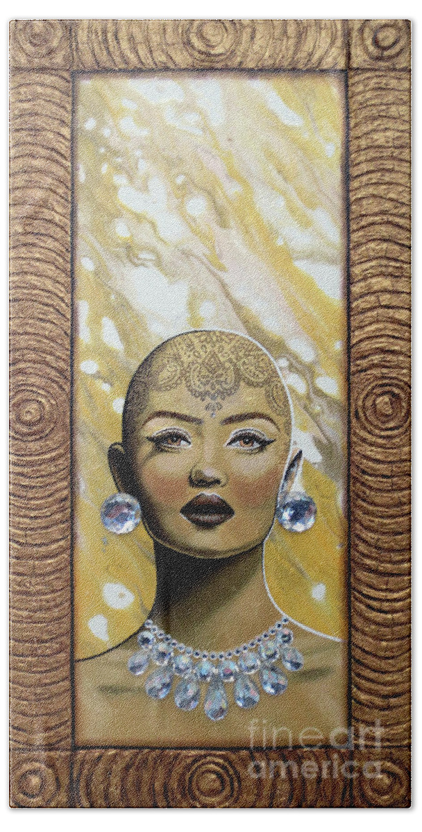 Art Beach Towel featuring the painting Bald Beauty In Visions Of Gold by Malinda Prud'homme