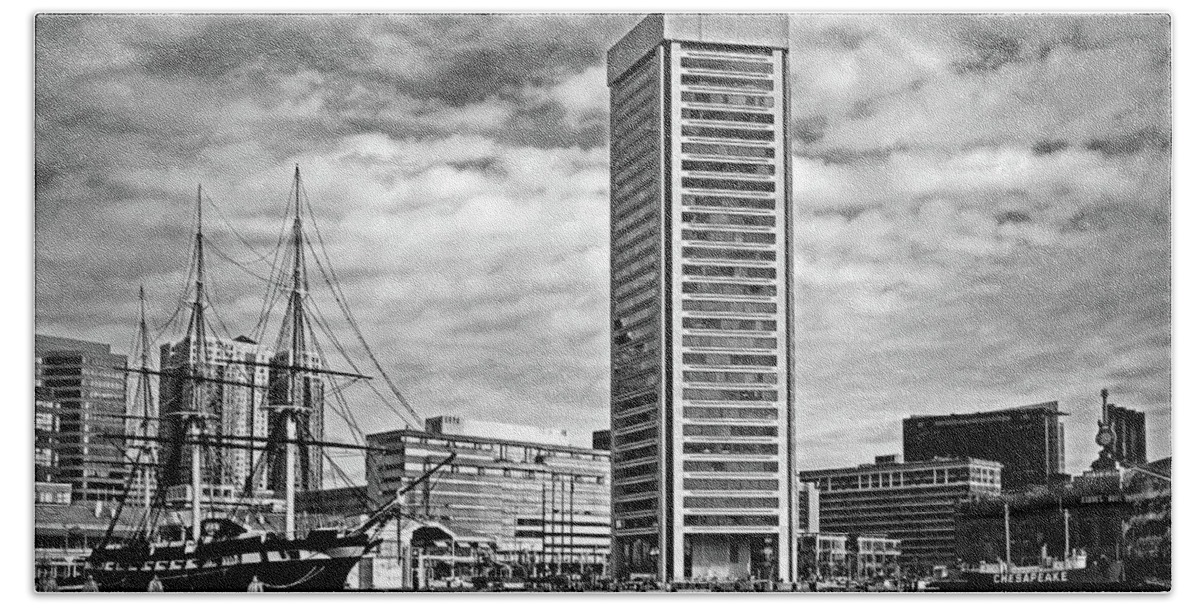 World Trade Center Beach Towel featuring the photograph Baltimore World Trade Center and USS Constellation Monochrome by Bill Swartwout
