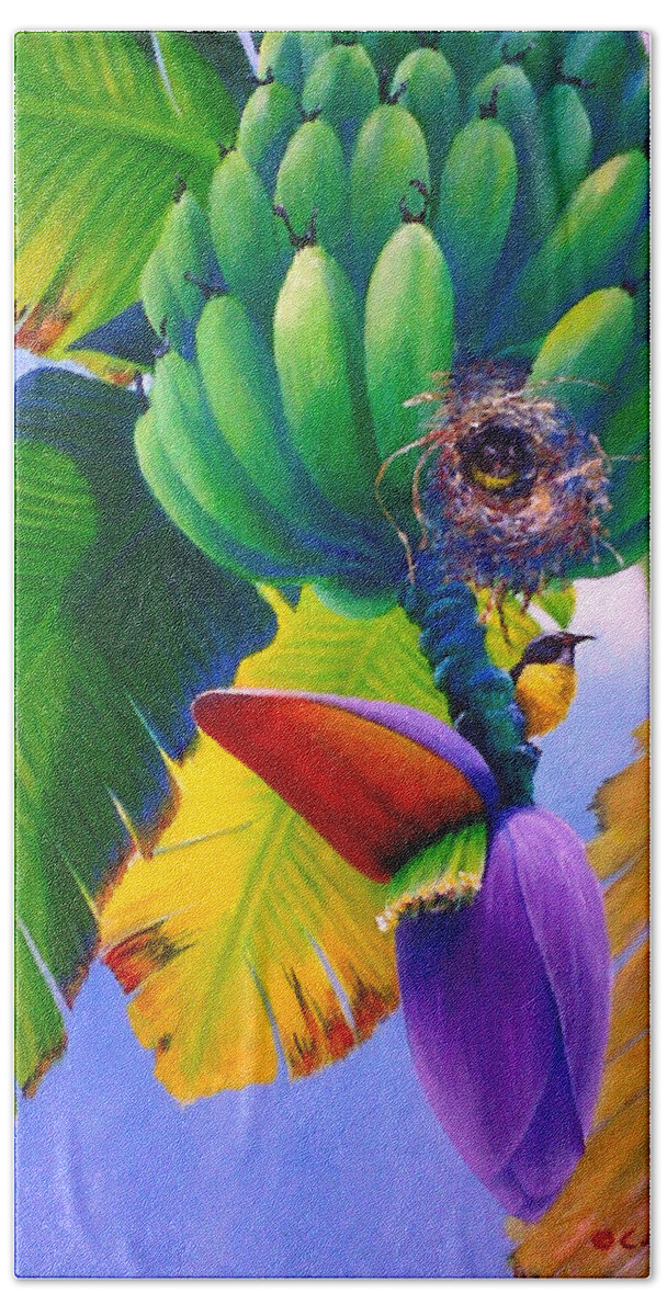 St Lucia Beach Sheet featuring the painting Bananaquit in banana tree by Christopher Cox
