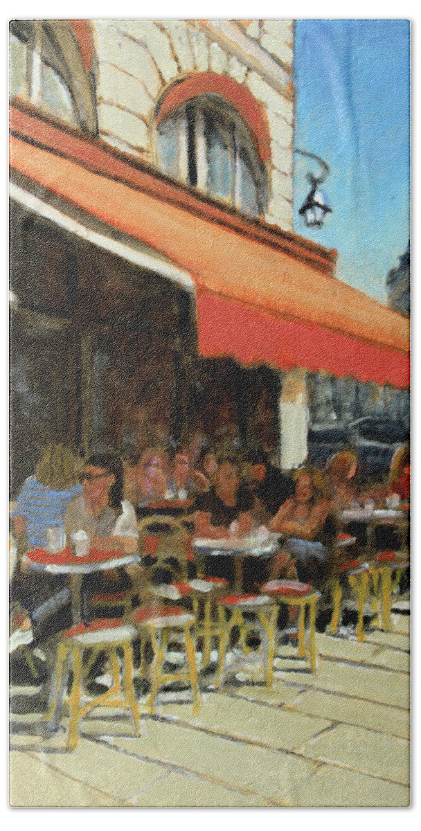 Outdoor Cafe Beach Towel featuring the painting Bar Du Marche by David Zimmerman
