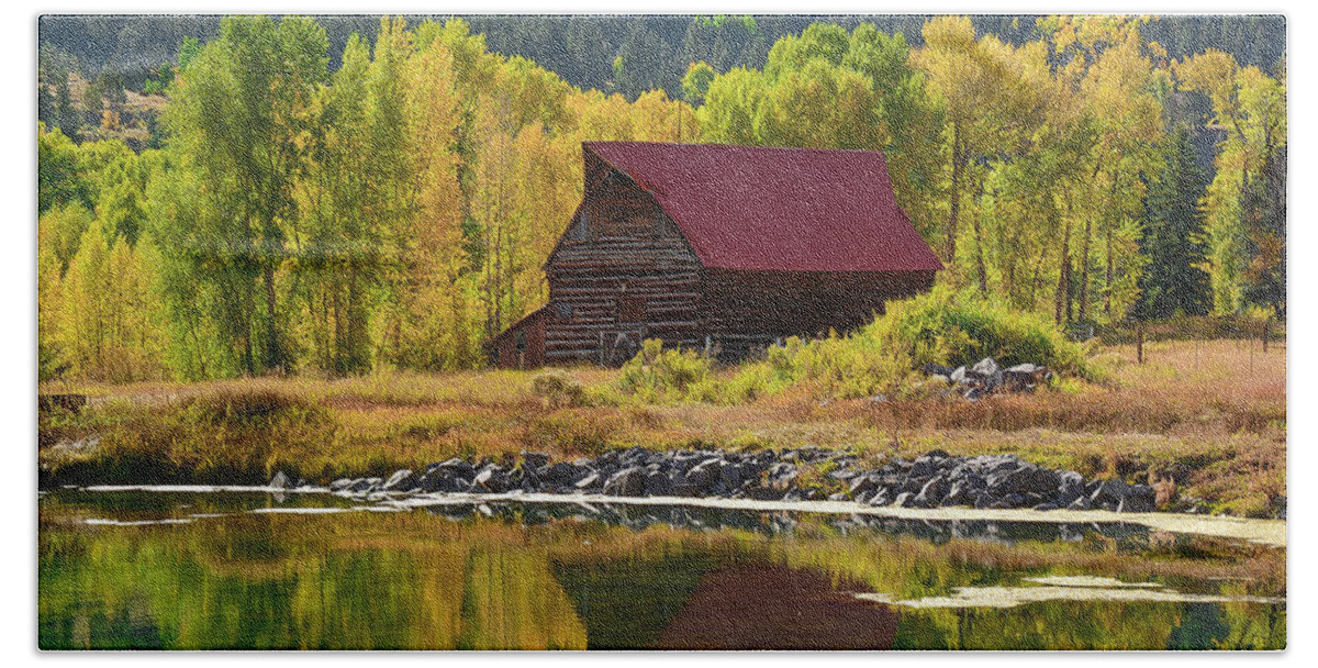 Barn Beach Towel featuring the photograph Barn Refelction by Aaron Spong