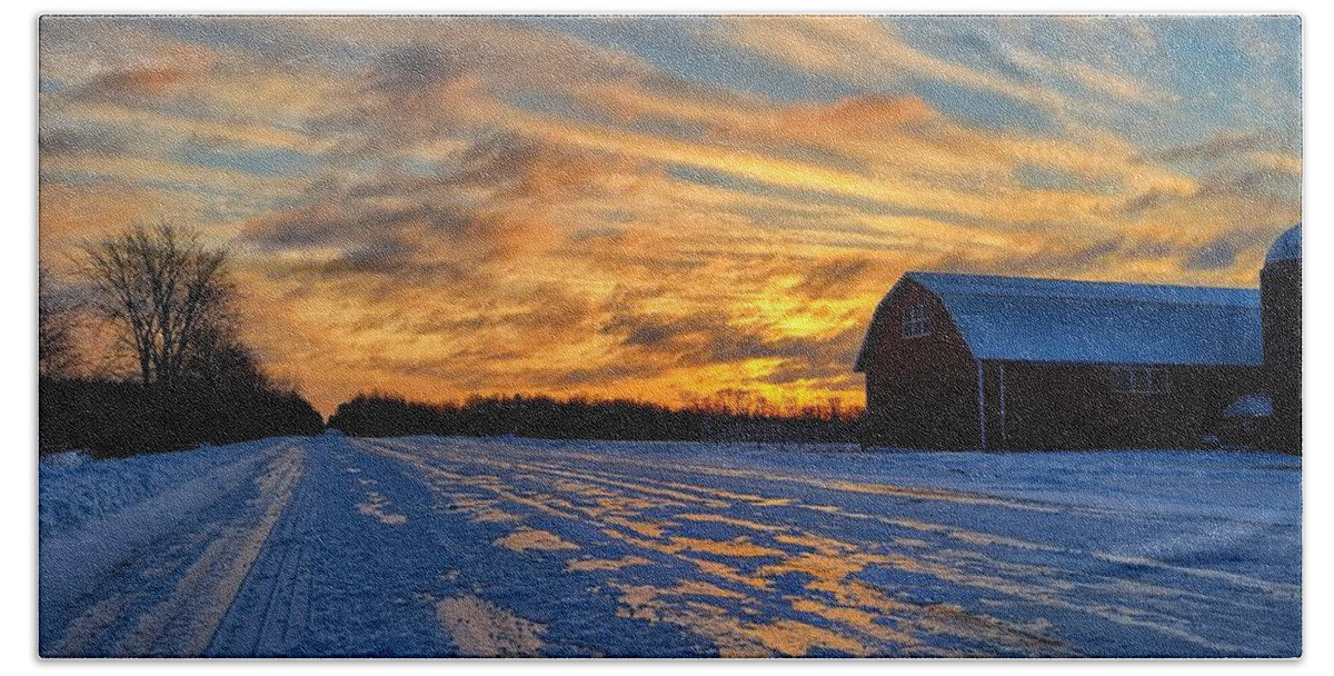 Winter Beach Towel featuring the photograph Barn Sunrise by Brook Burling