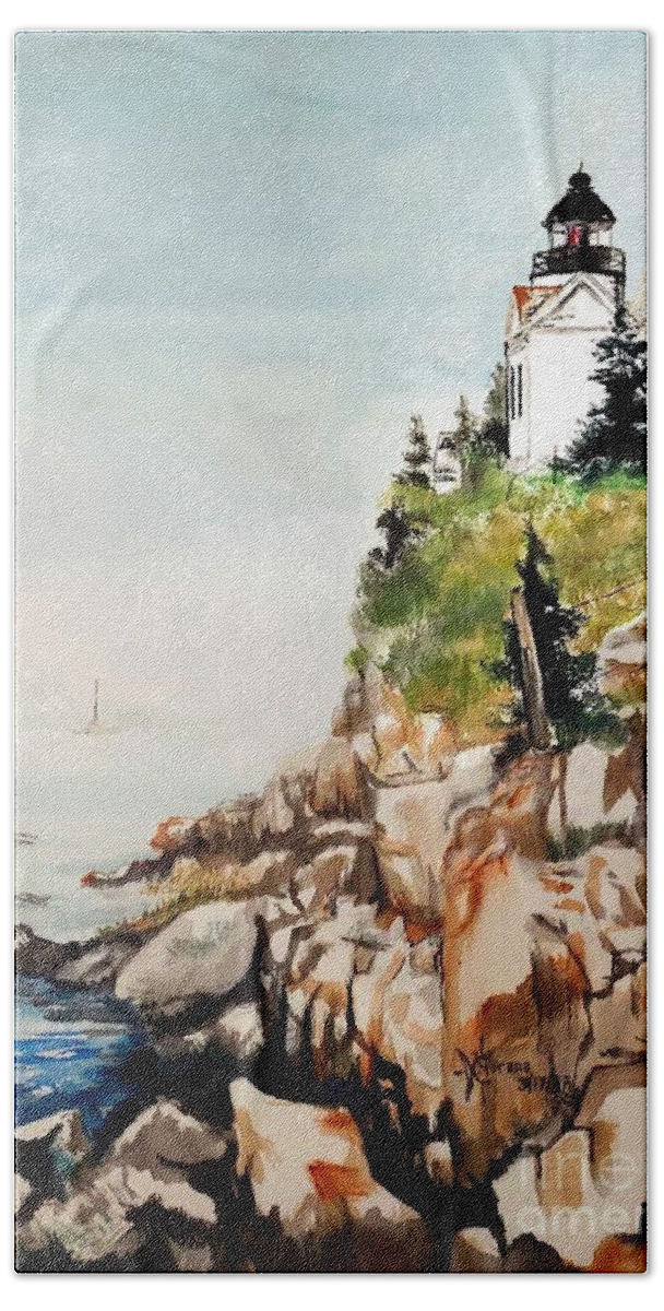 Bass Beach Towel featuring the painting Bass Harbor Head Light Station by Merana Cadorette