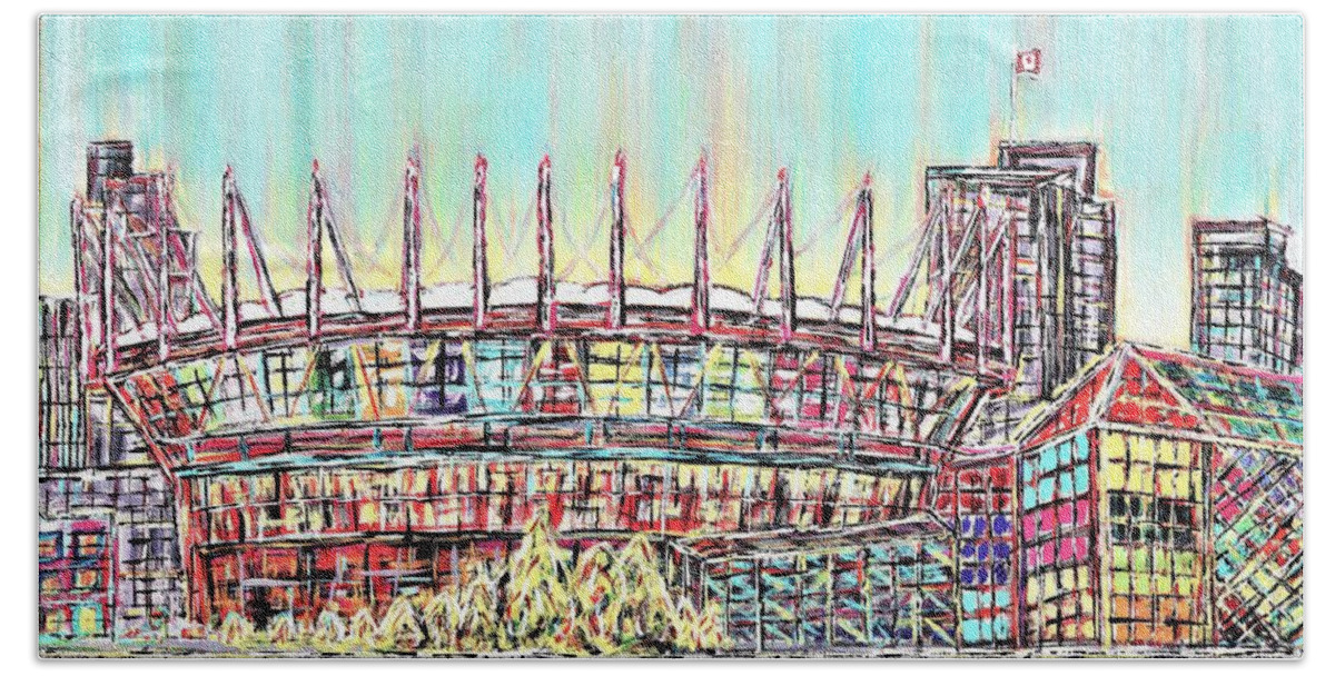 Vancouver Beach Towel featuring the painting BC Place, Vancouver, Alive In Color by Jeremy Aiyadurai