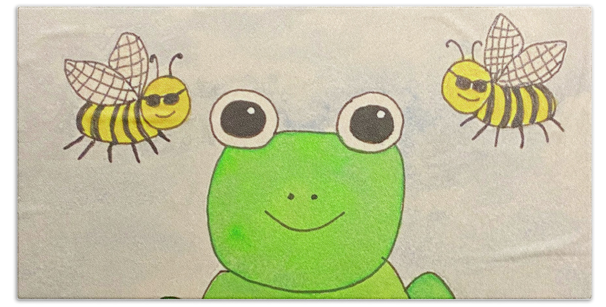 Frog Beach Towel featuring the mixed media Be Hoppy by Lisa Neuman