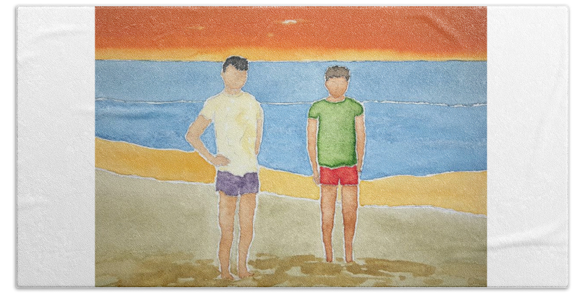 Watercolor Beach Towel featuring the painting Beach Dudes by John Klobucher