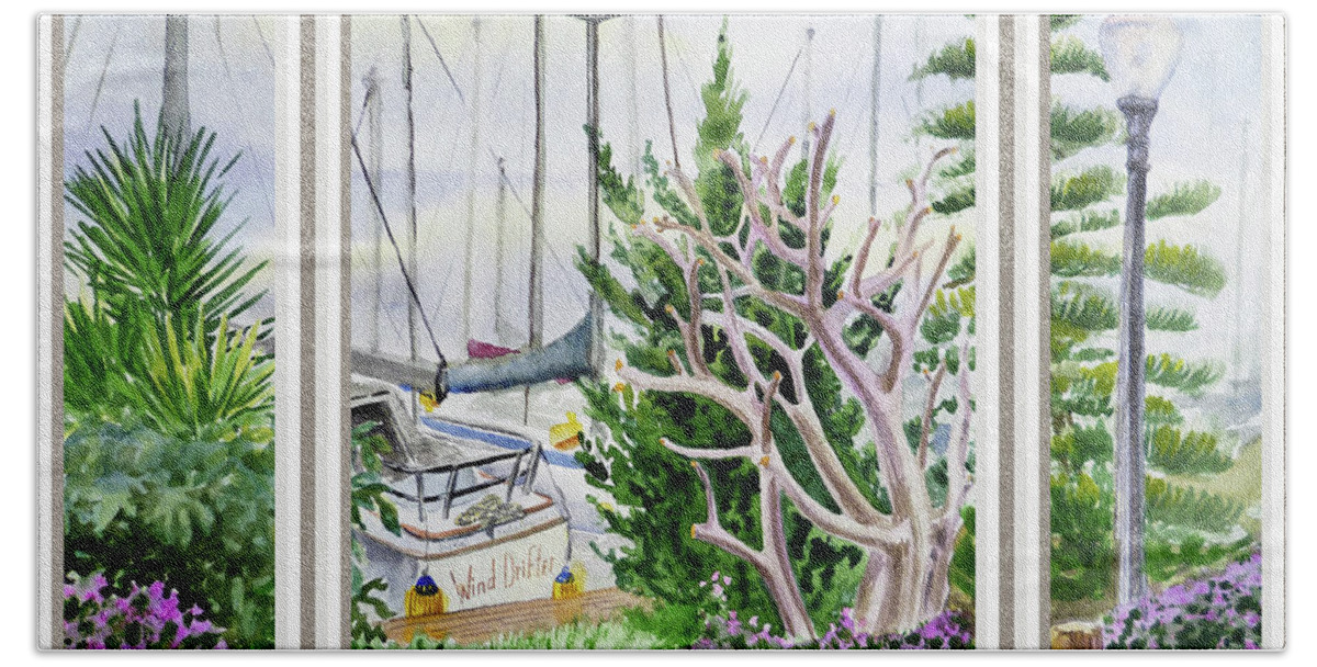 Window View Beach Towel featuring the painting Beach House Window View To Marina Watercolor by Irina Sztukowski