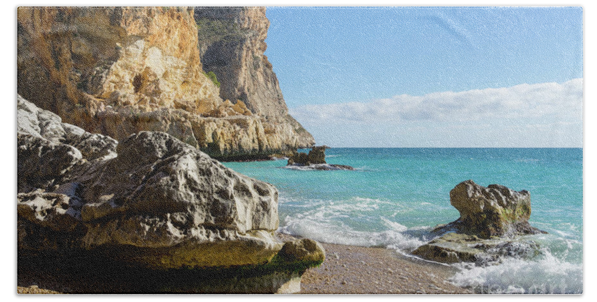Cove Beach Towel featuring the photograph Beach, Sun and Mediterranean Sea - Cala Moraig 2 by Adriana Mueller