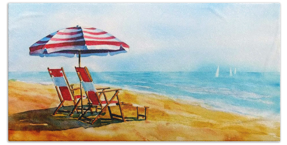 Beach Umbrella Beach Towel featuring the painting Beach Umbrella and Chairs by Debbie Lewis