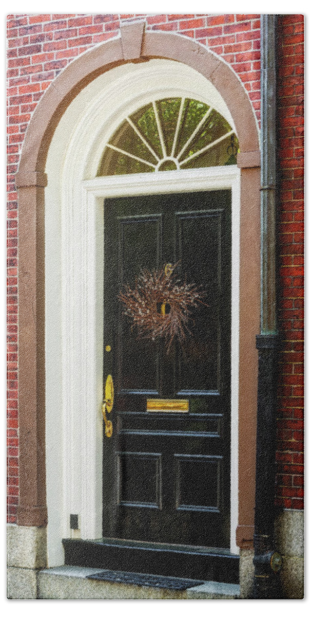 Door Beach Towel featuring the photograph Beacon Hill Black Door by Susan Candelario