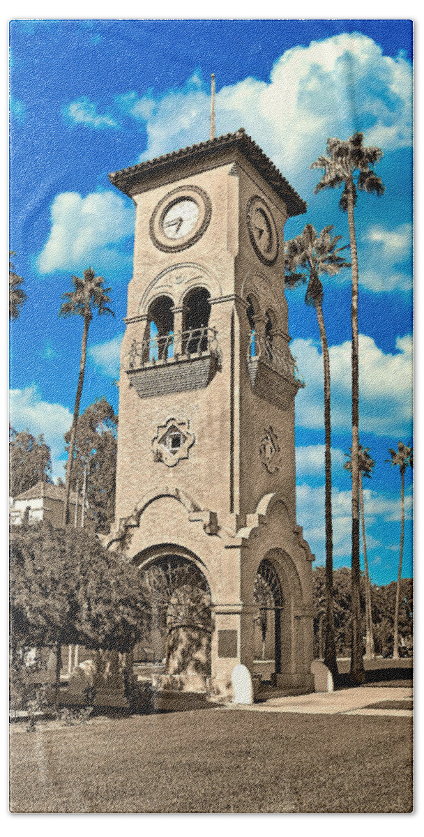 Beale Memorial Clock Tower Beach Towel featuring the digital art Beale Memorial Clock Tower in Bakersfield, California - black and white, with the blue sky isolated by Nicko Prints