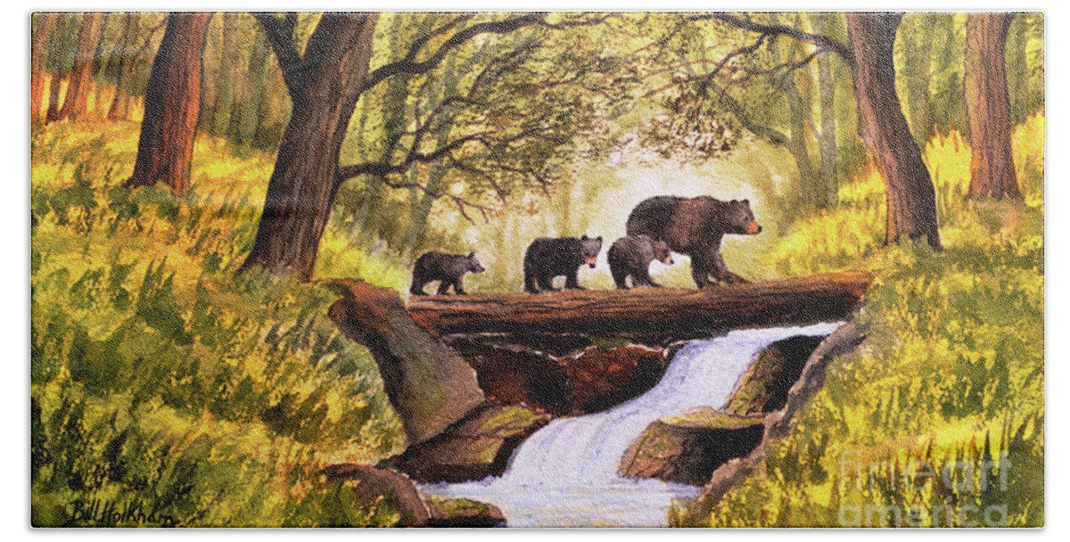 Brown Bears Beach Sheet featuring the painting Bears Crossing At Waterfall Creek by Bill Holkham