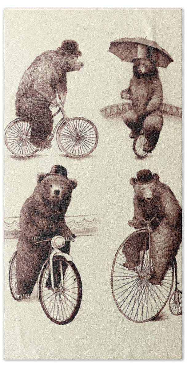 Bears Beach Towel featuring the drawing Bears on Bicycles by Eric Fan