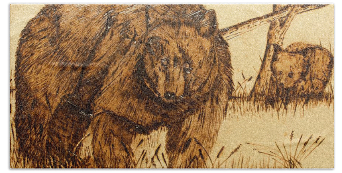 Sow & Cub Beach Towel featuring the pyrography Bears by Terry Frederick