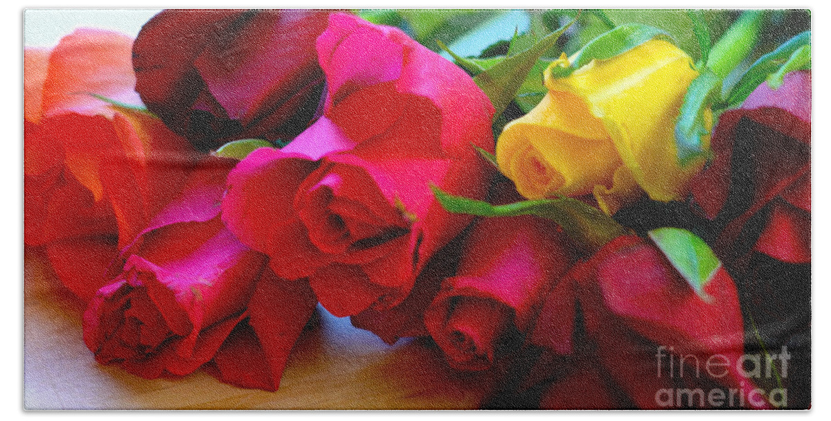Roses Beach Towel featuring the photograph Beautiful red, pink, yellow and orange roses, closeup macro. by Milleflore Images