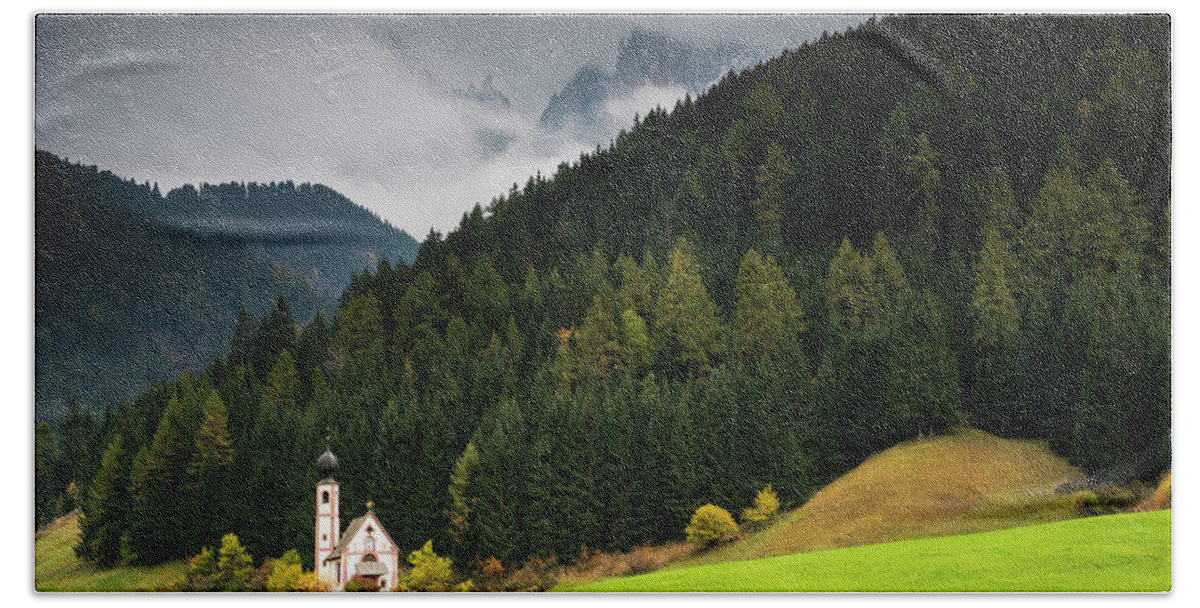 Dolomite Mountains Beach Towel featuring the photograph Beautiful small Alpine church in Italy. by Michalakis Ppalis