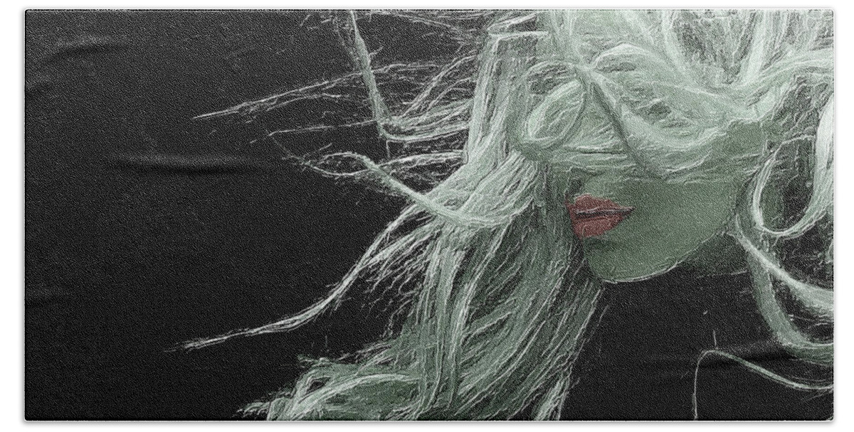 Hair Beach Towel featuring the painting Beautiful woman with long Crazy hair by Tony Rubino