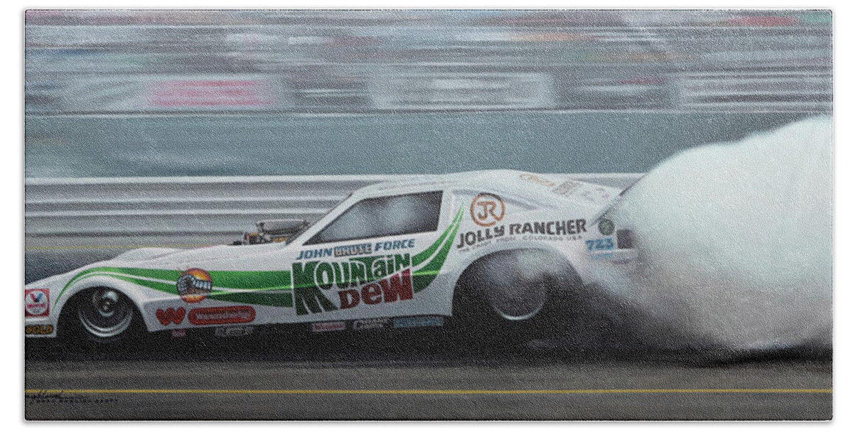 John Force Nhra Unny Cars Kenny Youngblood Beach Towel featuring the painting Before The Fame by Kenny Youngblood